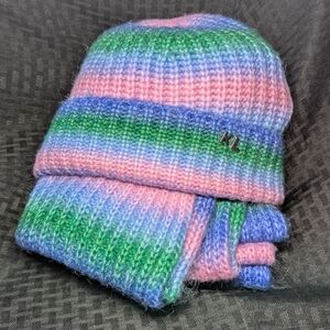 Pink/Green/Blue/Purple Ombre Karl Lagerfeld Knit Beanie and Scarf Set.